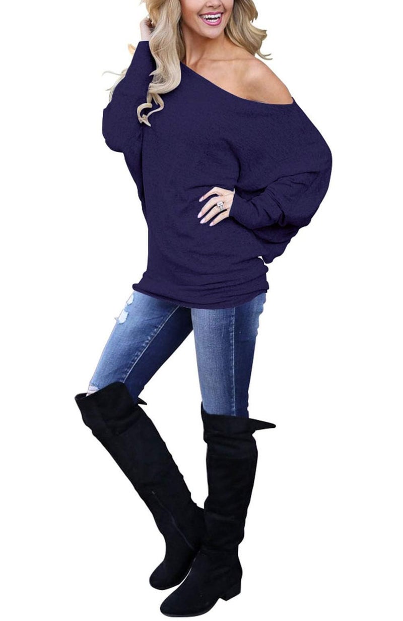 Lacozy Womens Oversized Shirts Off The Shoulder Tops Long Sleeve Pullover Sweater Knit Jumper Navy Blue XXL - Image 2